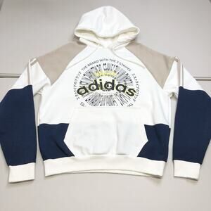 Adidas Hoodie Sweatshirt Fleece Essentials Cozy Beige White Blue M Color Block